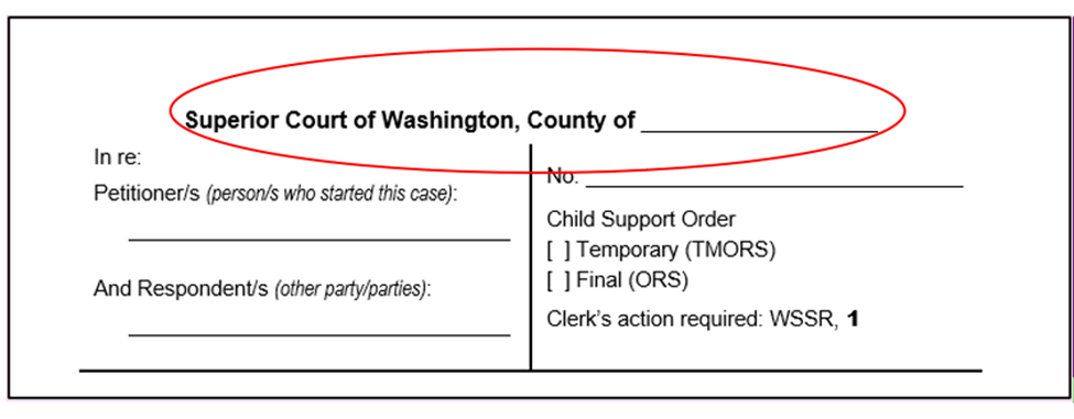 Sample caption of a court form showing Superior Court of Washington at the top circled in red.